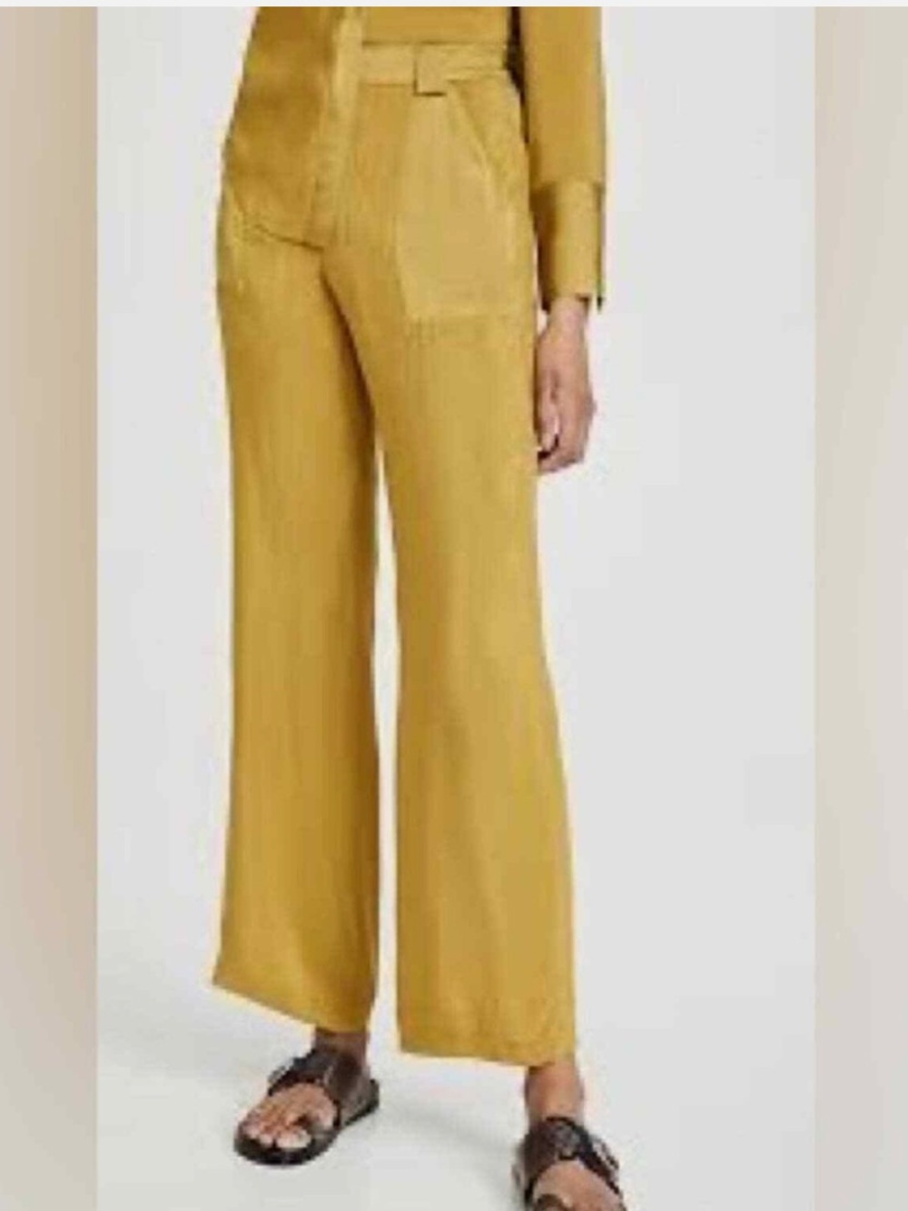 Good American Sheer Satin Wide Leg High Waist Olive Green Lightweight Pants Sz 1